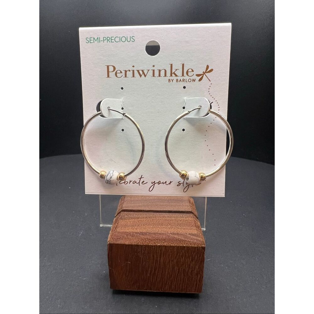 New! Periwinkle By Barlow Silver Tone Semi Precious Stone Howlite Hoop Earrings